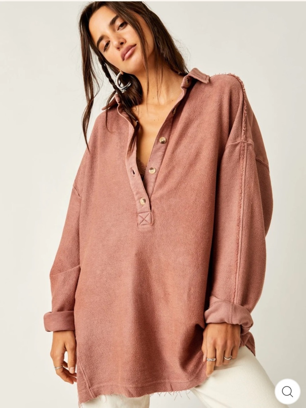 Free People Oversized L Willow Cotton Boho Polo Tunic Top in Antique Oak